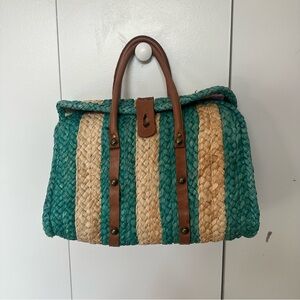 Pilcro and the Letterpress Woven Straw Tote Green & Natural Raffia leather strap